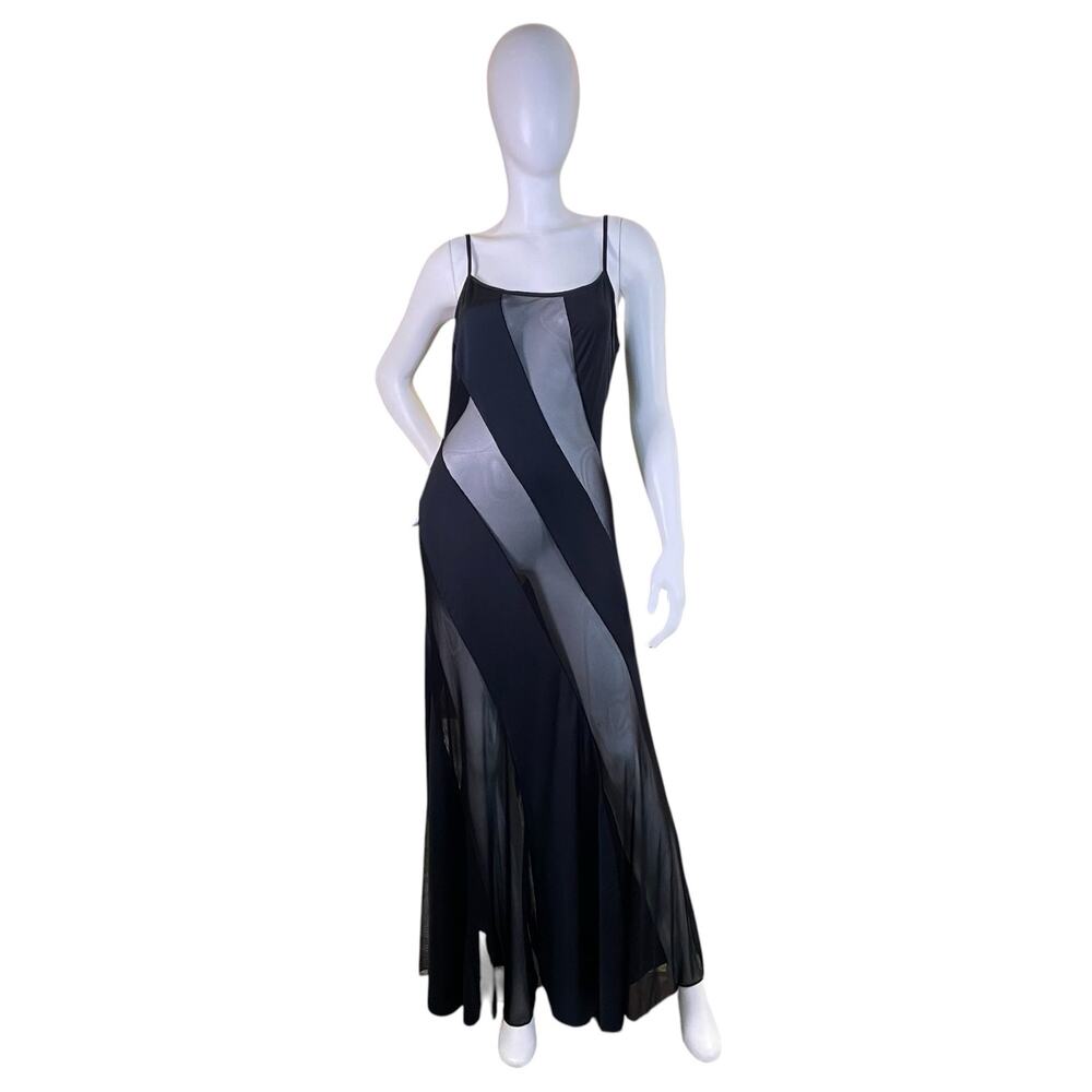 1990s Fredericks of Hollywood Nightgown | Black Nude Illusion Maxi Slip Dress